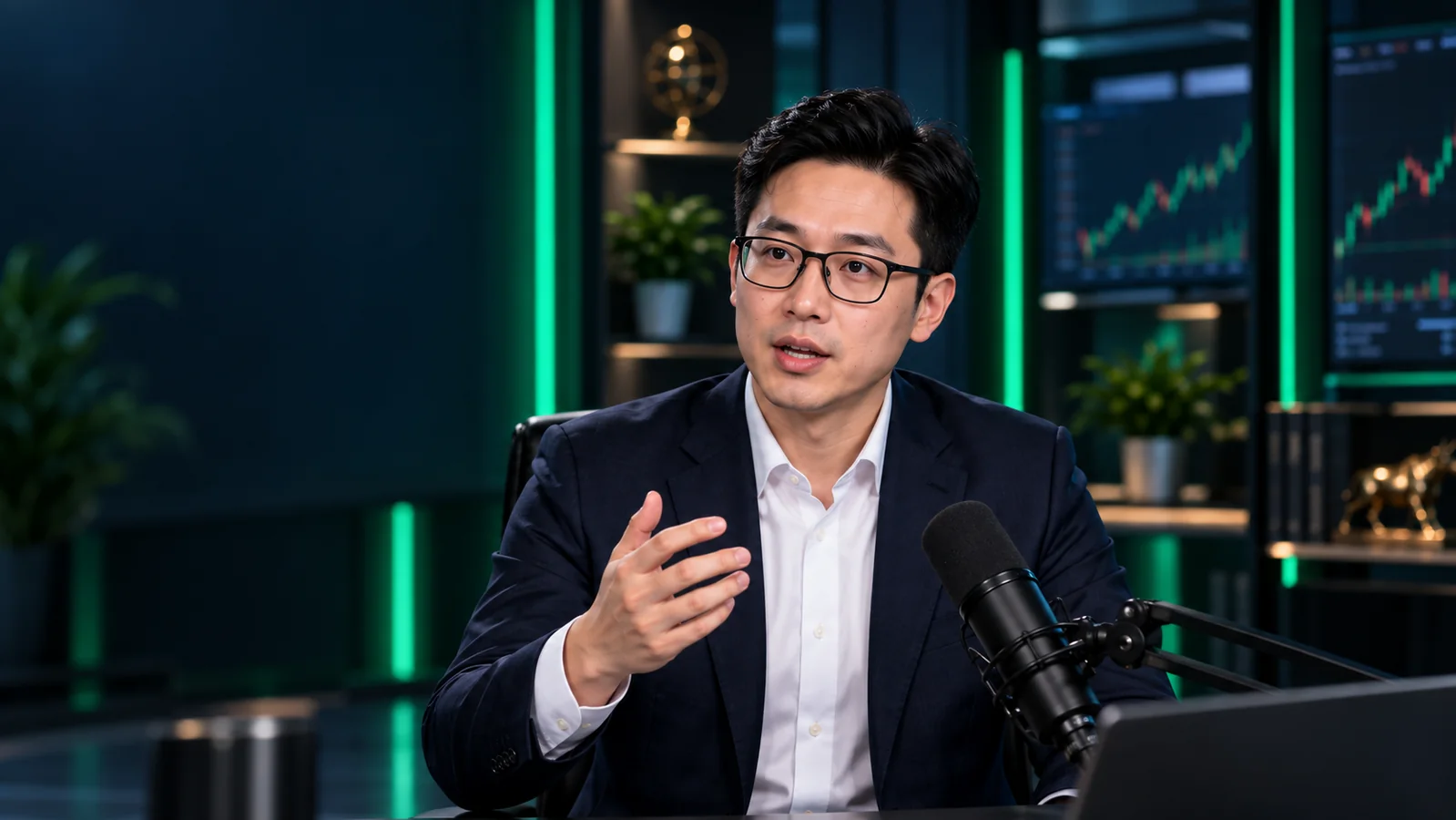 金融市场研究员在直播棚进行行情解读